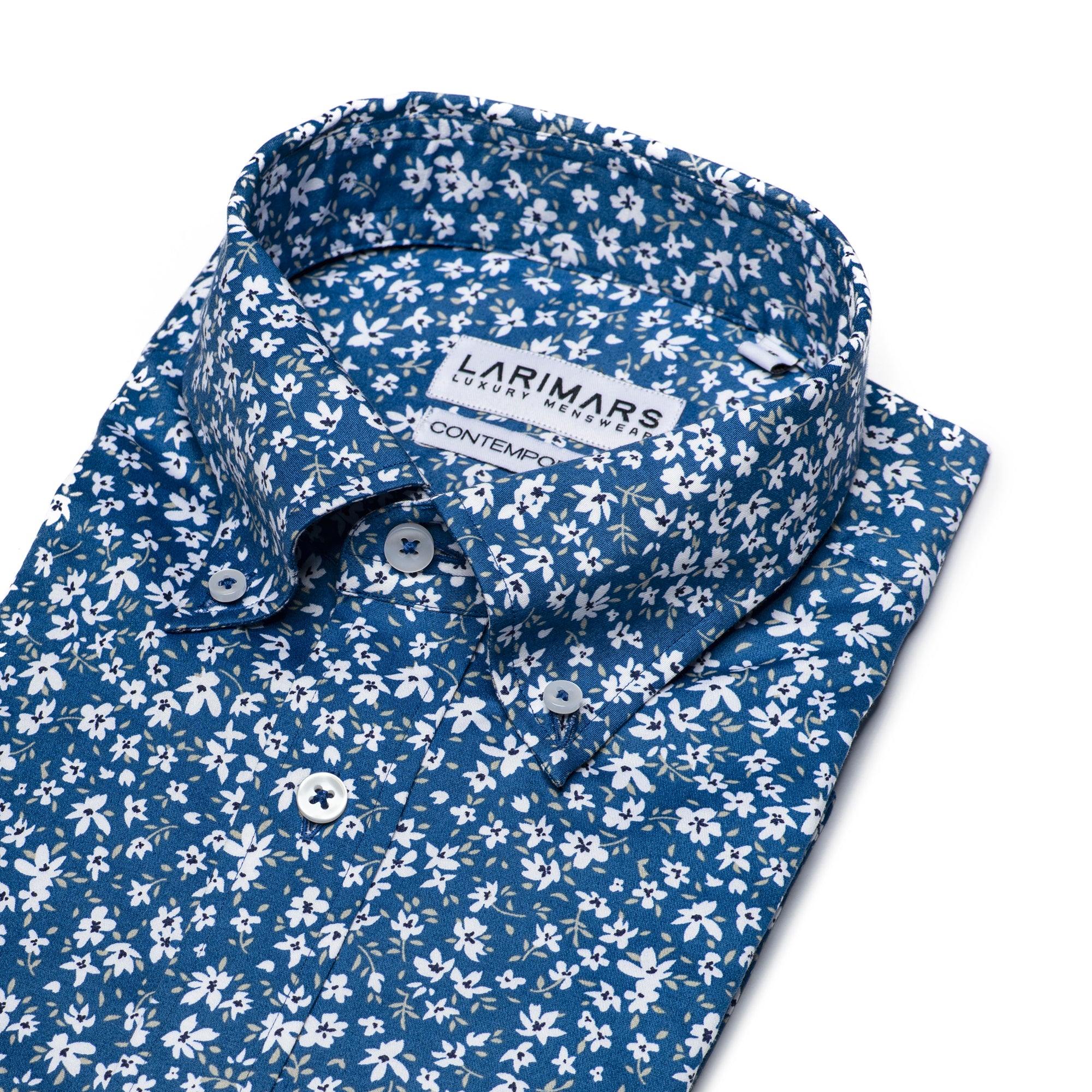 Blue Floral Print Stretch Shirt for Men